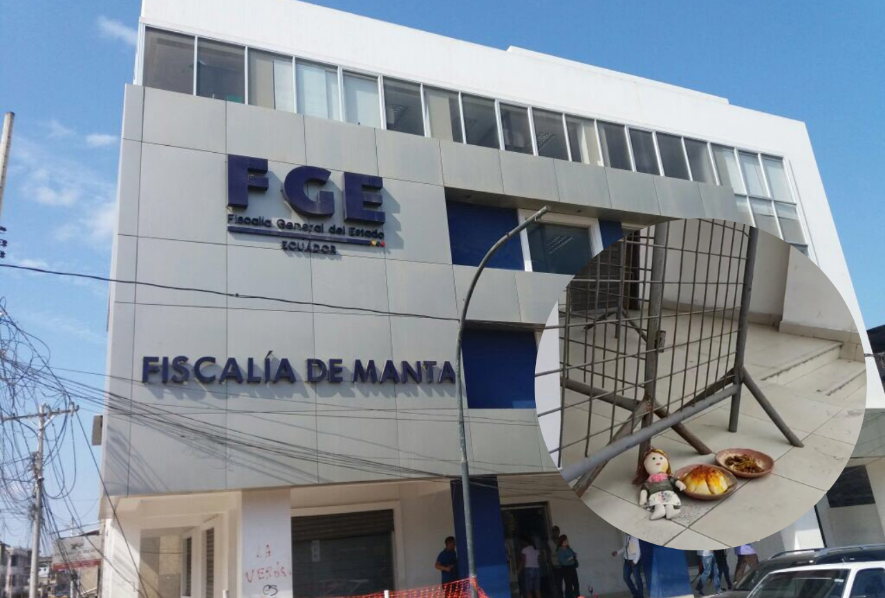 Alerta en los exteriores de la Fiscalía en Manta por el hallazgo de una muñeca y dos platos de barro
