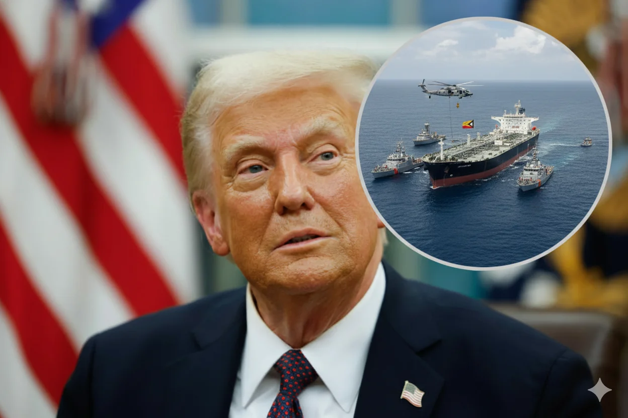 Helicóptero de la Marina de Estados Unidos sobrevolando el petrolero Olina durante su incautación en el Mar Caribe.